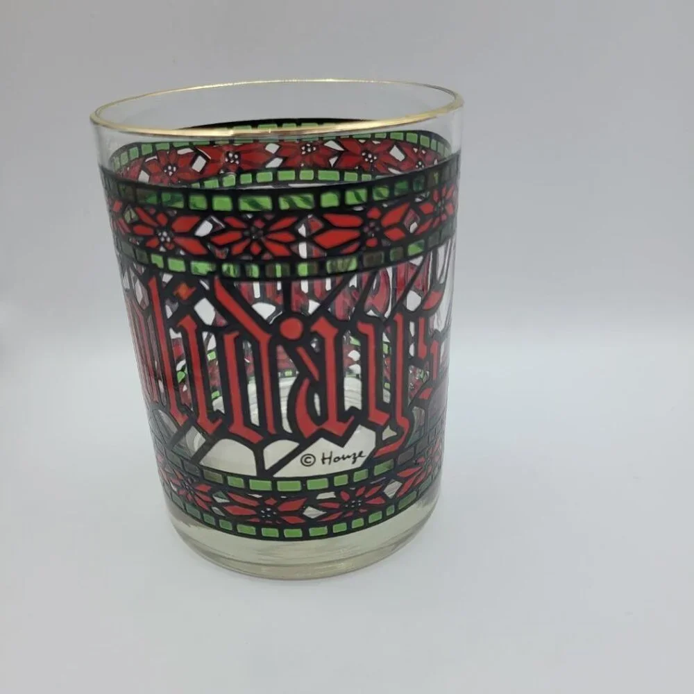 Houze Happy‎ Holidays Stained Glasses Cups Red Green Gold Poinsettia Christmas